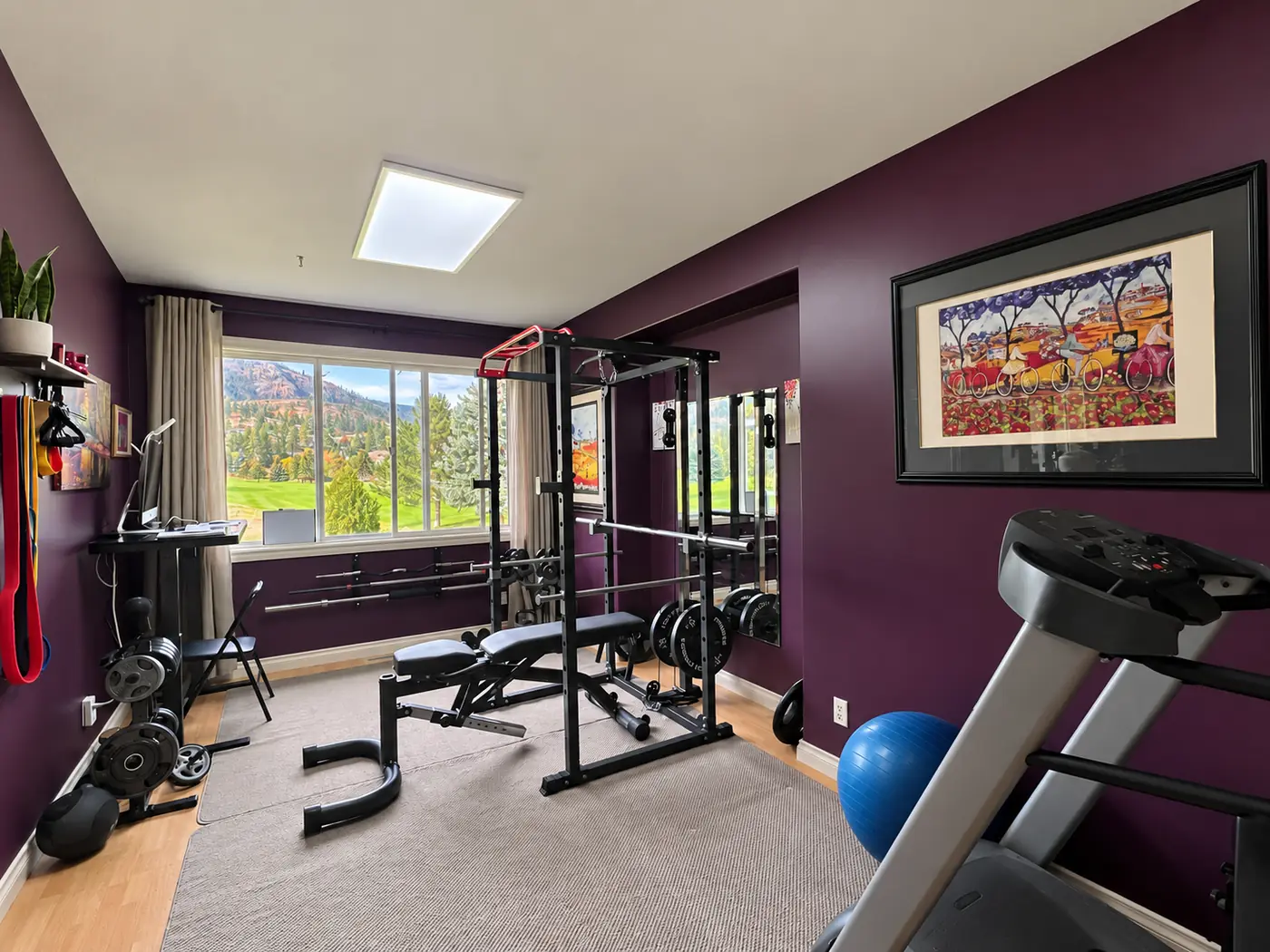 A dedicated home gym with a power rack, barbell, adjustable bench, dumbbells, and window view