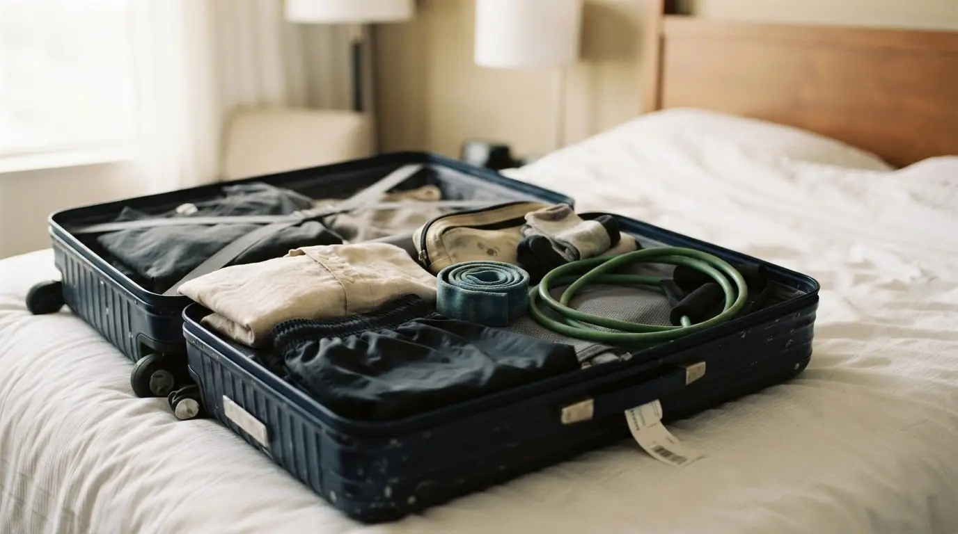 A resistance band and a loop band packed neatly in an open travel suitcase on a hotel bed