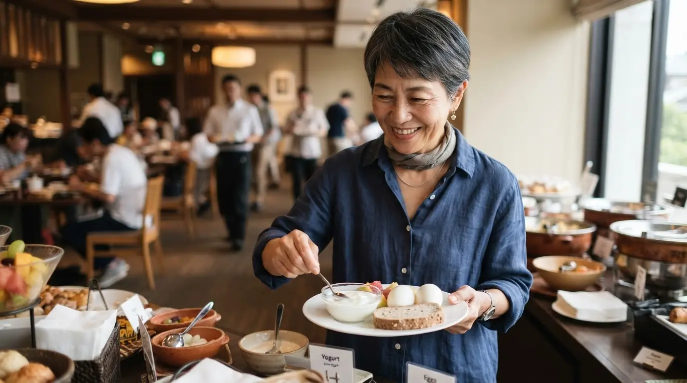 A woman with dark hair choosing a cup of Greek yogurt and boiled eggs from a hotel breakfast buffet