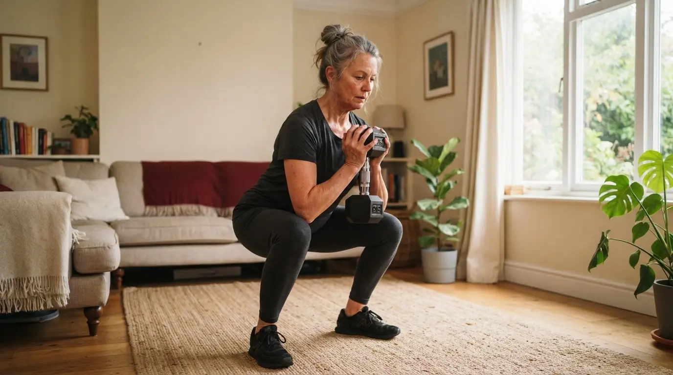 A woman with grey hair holding a dumbbell at her chest as she lowers into a squat in a bright home gym