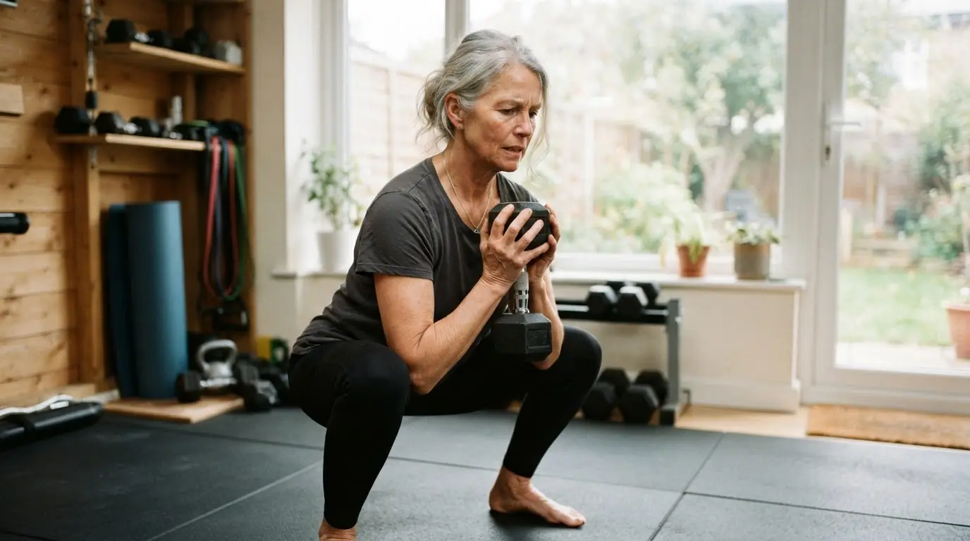 A woman with grey hair performing a goblet squat with a dumbbell in a bright home gym
