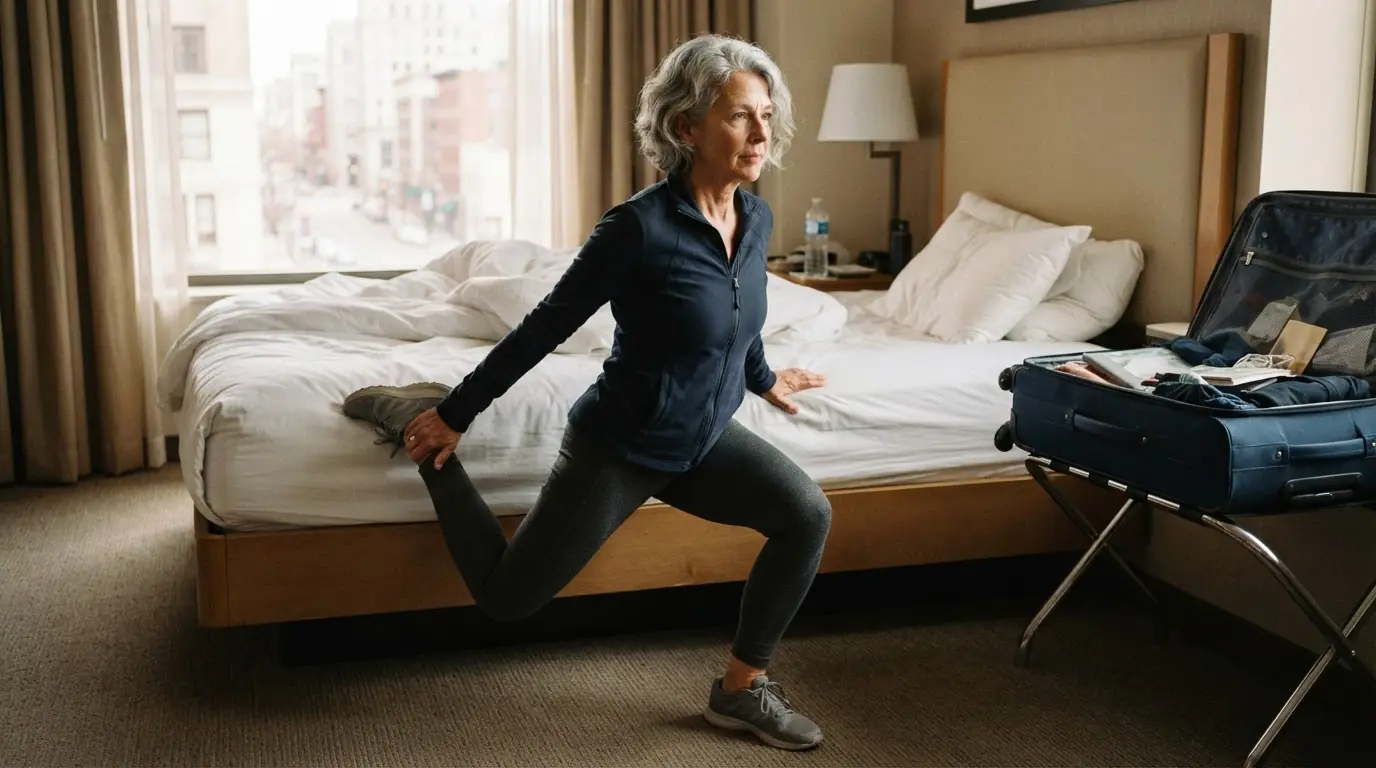 A woman with grey hair performing a single-leg split squat beside a hotel bed, a small open suitcase nearby