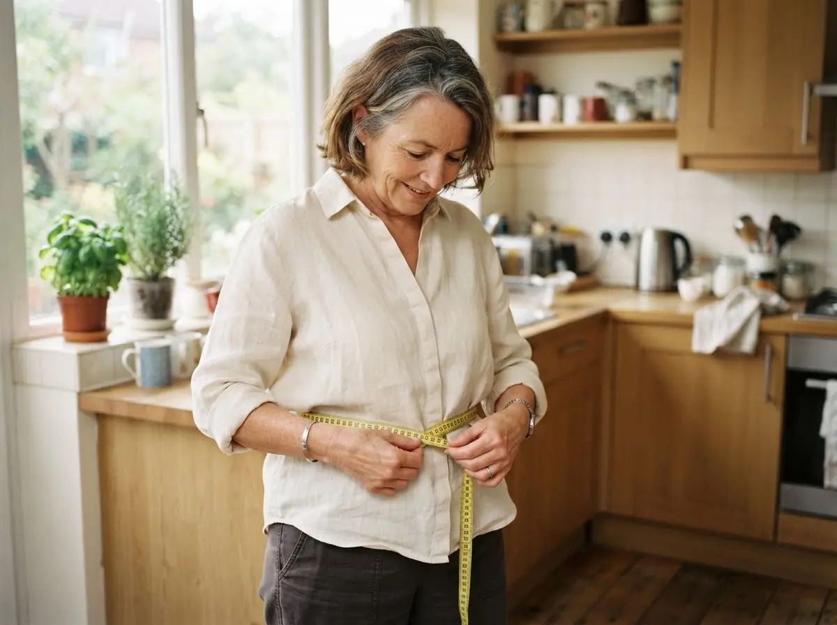 A woman with greying auburn hair in a cream linen shirt measuring her waist with a soft tape measure over her clothes in a bright kitchen