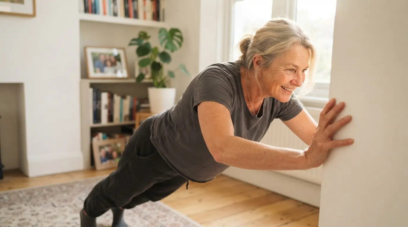 A woman with greying blonde hair doing a wall push-up with both hands on a plain wall in a bright living room