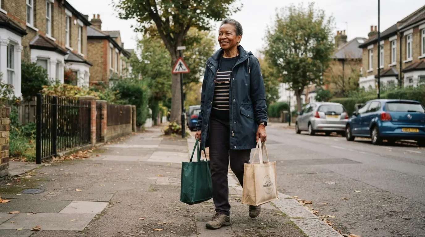 A woman with short natural greying hair carrying two cloth shopping bags, one in each hand, while walking down a quiet residential street
