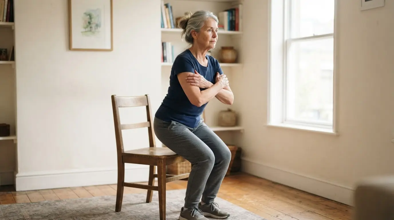 A woman with silver-grey hair rising from a wooden dining chair with her arms folded across her chest in a sunlit living room