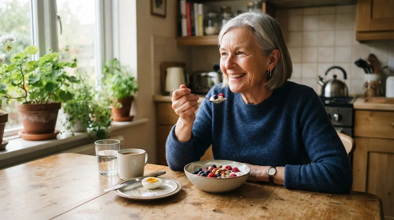 A woman with silver hair sitting at a sunlit wooden kitchen table eating a bowl of Greek yogurt with berries and a boiled egg